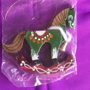 NWT Vintage green wooden rocking horse christmas tree ornament hand painted